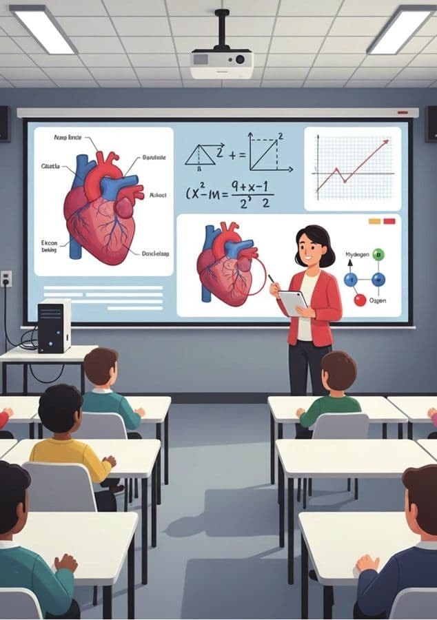Teacher explaining a diagram on a large projected classroom screen